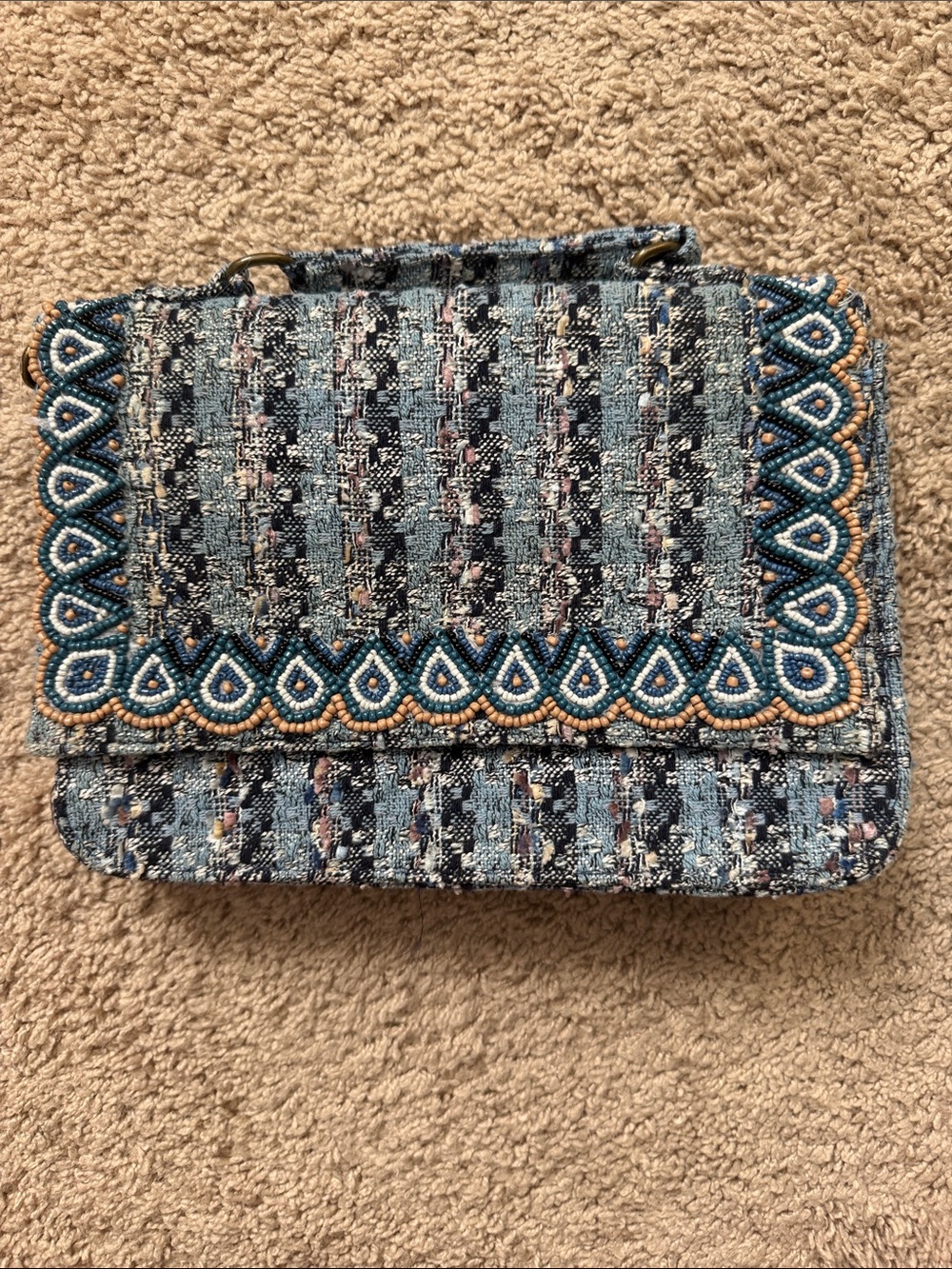 Blue Woven Embellished Crossbody Bag with Beaded Trim